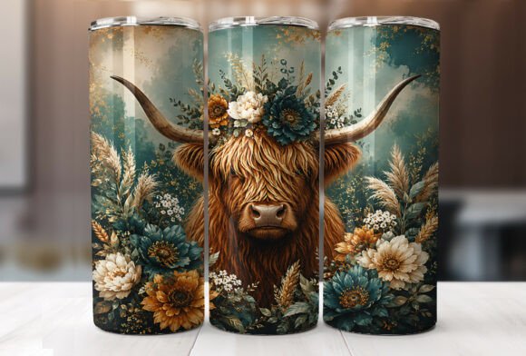 Download Teal Floral Highland Cow Tumbler Wrap - Premium Resources